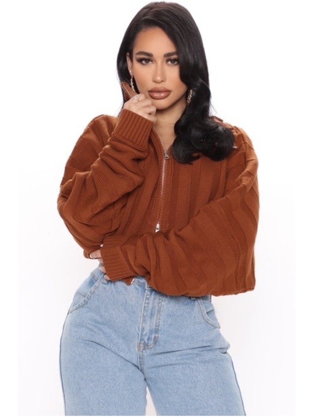 Brown Cropped Ribbed Zip-Front Sweater
